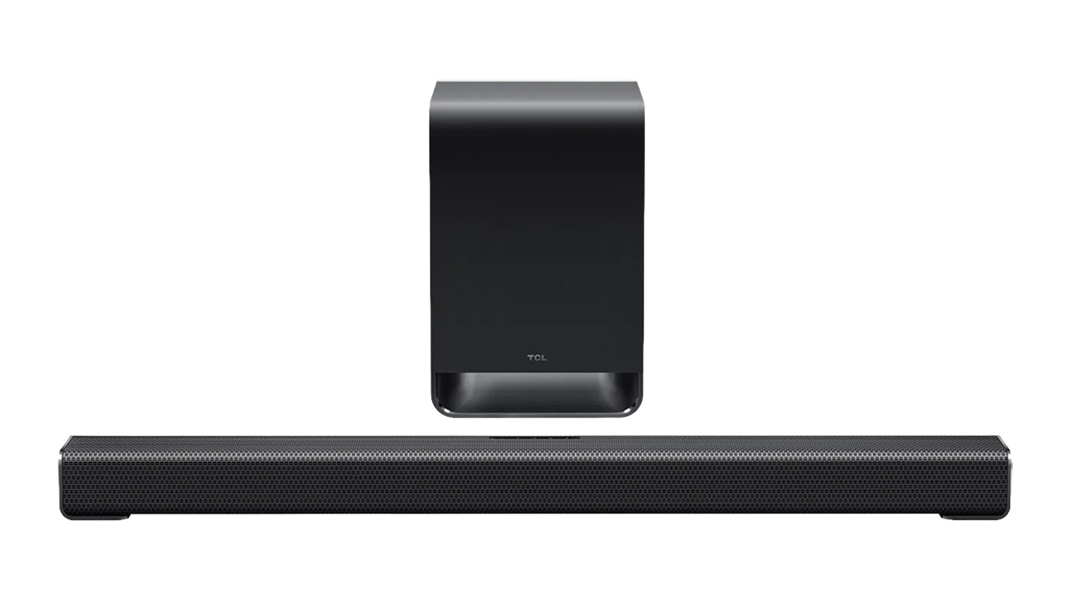 Front view of a black TCL 3.1 Channel Soundbar and Wireless Subwoofer with Dolby Atmos and a metal mesh speaker grille