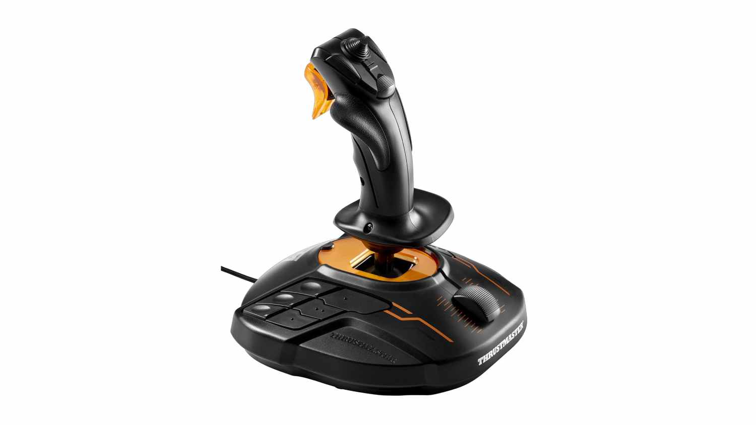 Angled front view of a black Thrustmaster T.16000M Flight Control Stick with orange accents, an integrated throttle slider, and base controls