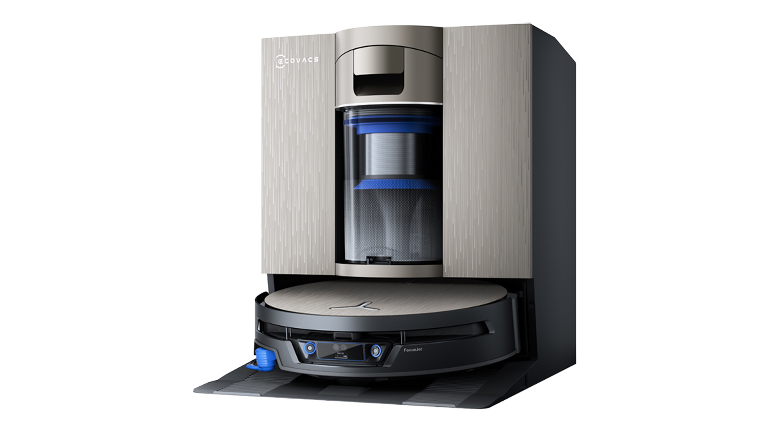 Front view of an ECOVACS DEEBOT X12S OmniCyclone Robotic Vacuum & Mop with a silver auto-empty station, black body, and blue accent details