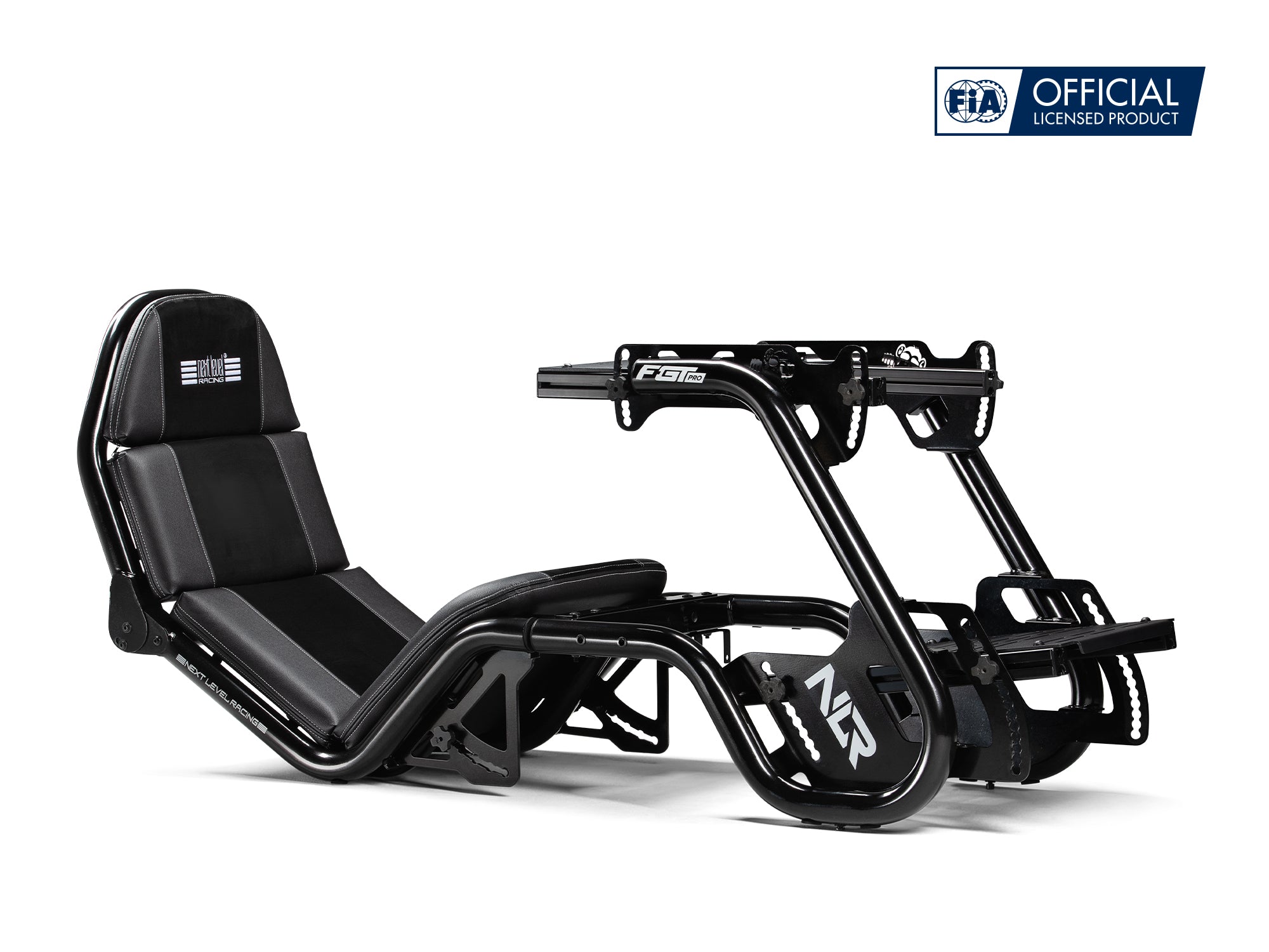 Angled view of the Next Level Racing Formula-to-GT Pro Racing Simulation Cockpit with a black tubular frame, reclined seat, and wheel mount