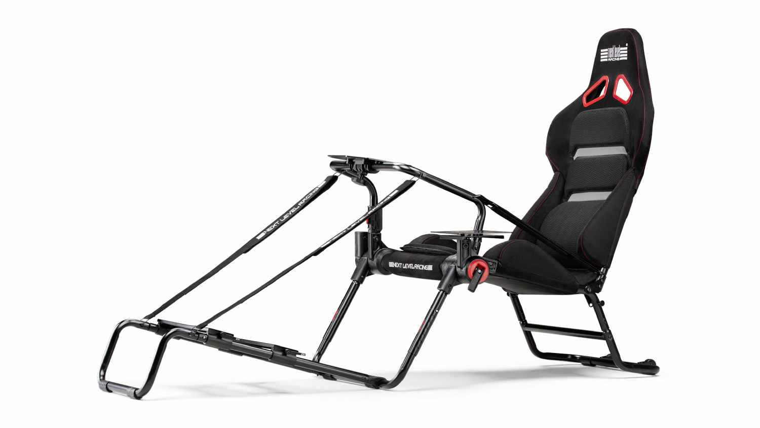 Side-angle view of a black Next Level Racing FD Simulation Cockpit with a mesh gaming seat, wheel mount, and pedal frame