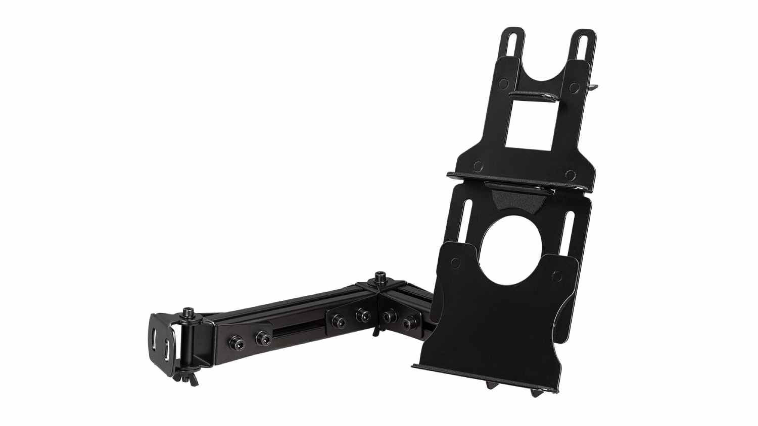 Black Next Level Racing Elite Tablet and Button Box aluminium articulating arm mount with dual device plates for a sim racing cockpit