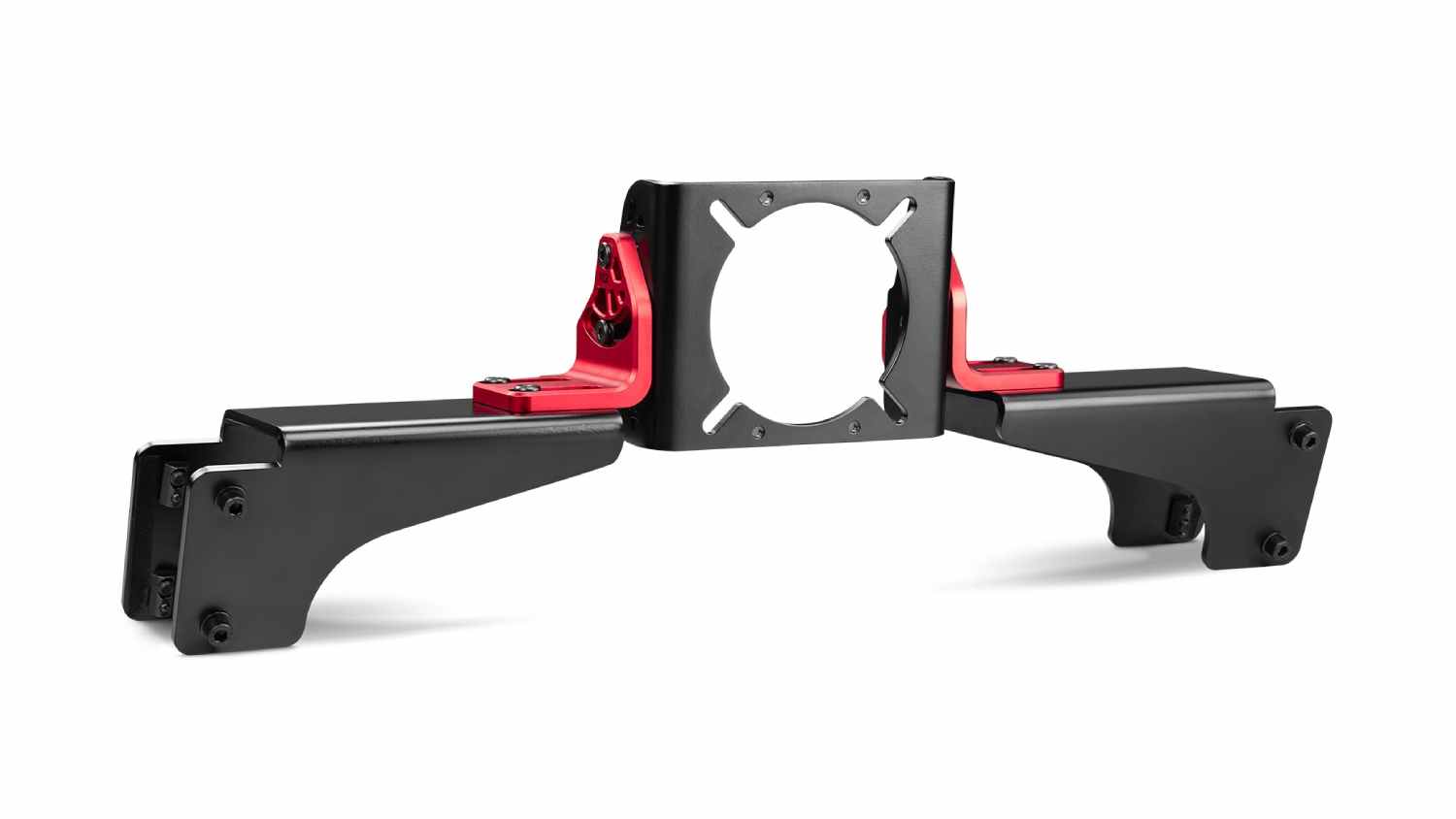 Front-angled view of the Black Next Level Racing Elite Direct Drive Wheel Adapter Mount with red side supports