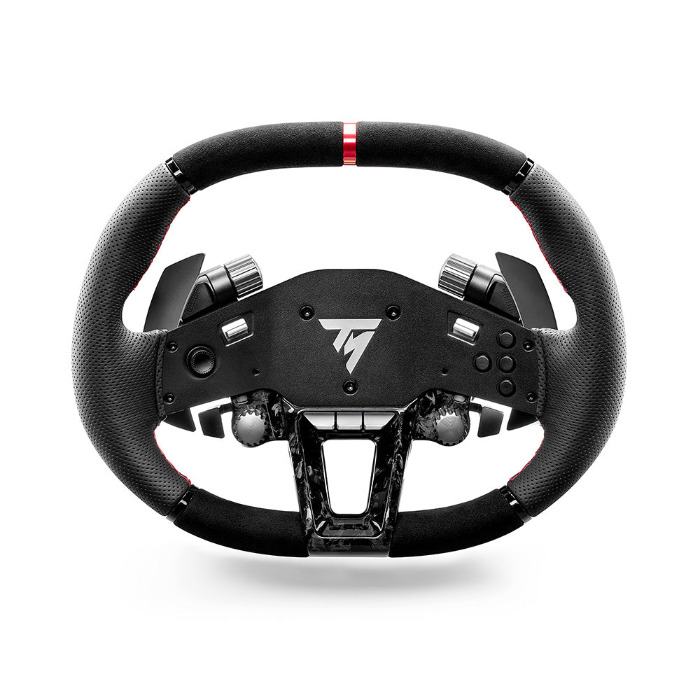 Front view of the Thrustmaster Hypercar Simulation Racing Wheel with black leather and Alcantara grips, red stitching, and paddle shifters