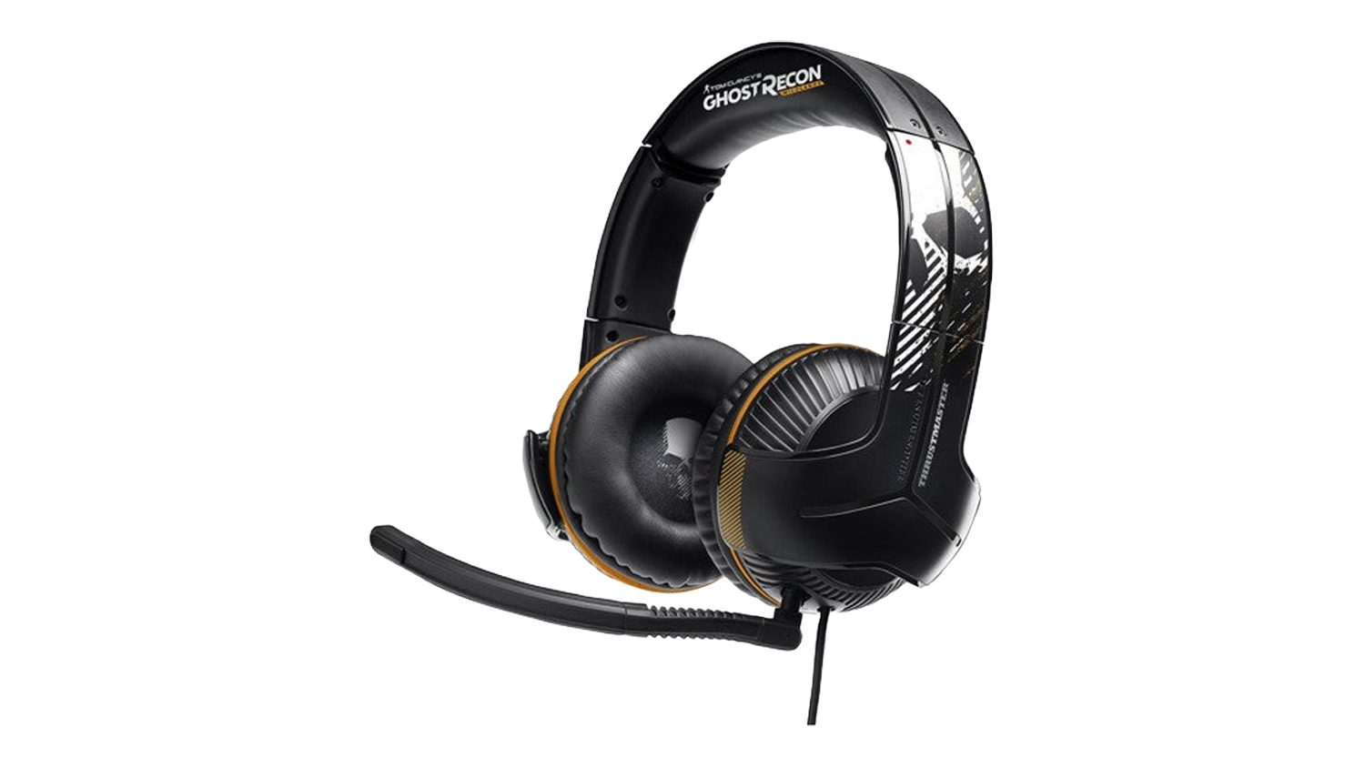 Thrustmaster Y350P 7.1 Powered Gaming Headset featuring black over-ear earcups with yellow accents and a boom microphone