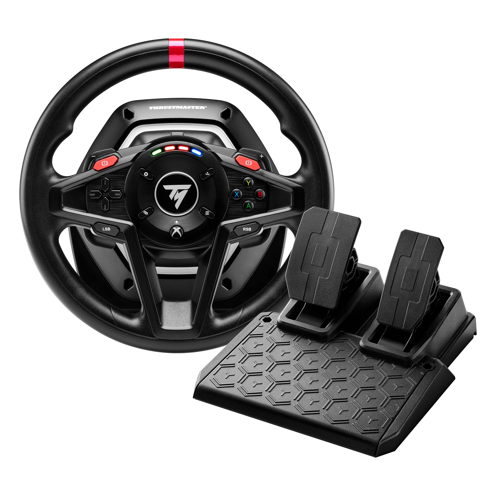 Thrustmaster T128 racing wheel and two-pedal set for Xbox and PC on a white background, highlighting its black-and-red design