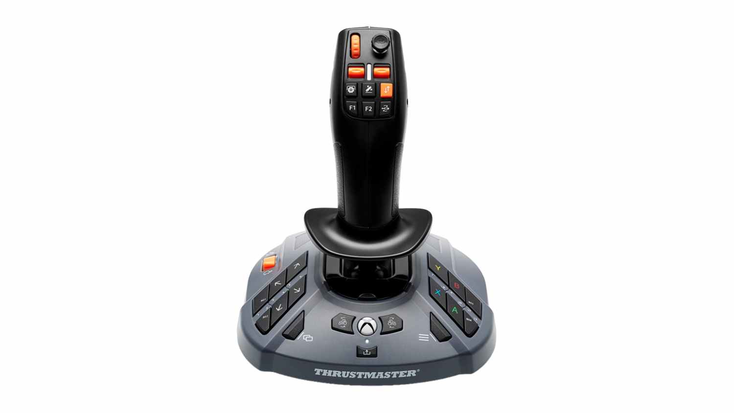 Front view of the Thrustmaster SimTask FarmStick for Xbox and PC, featuring a black handle with orange buttons on a grey base