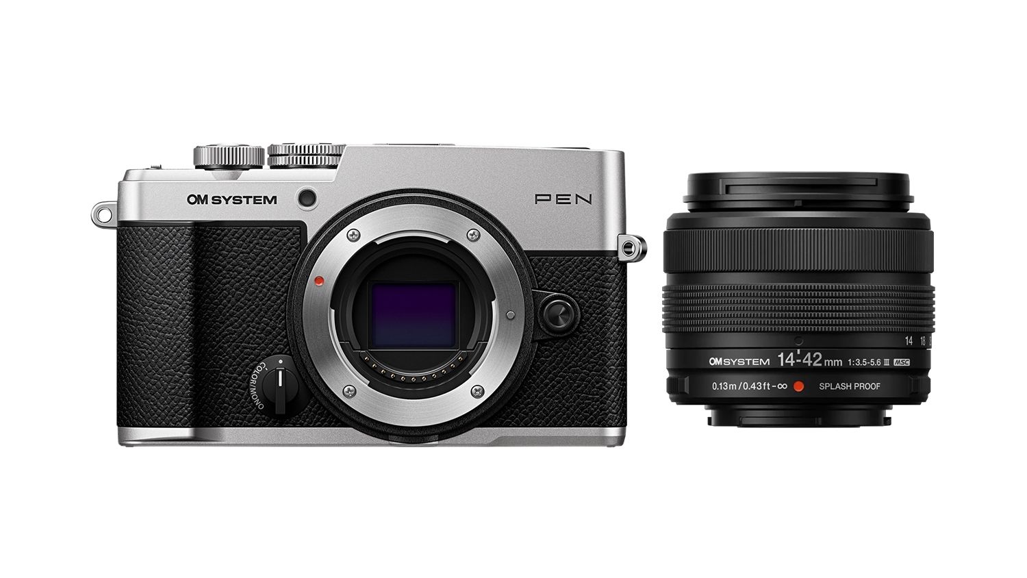 Front view of a silver OM System Pen mirrorless camera with an exposed sensor and a black M.Zuiko Digital 14-42mm f/3.5-5.6 III zoom lens positioned beside it