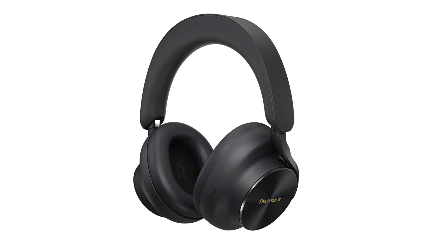 Angled front view of black Technics EAH-A1000 wireless noise-cancelling over-ear headphones with cushioned earcups and an adjustable headband