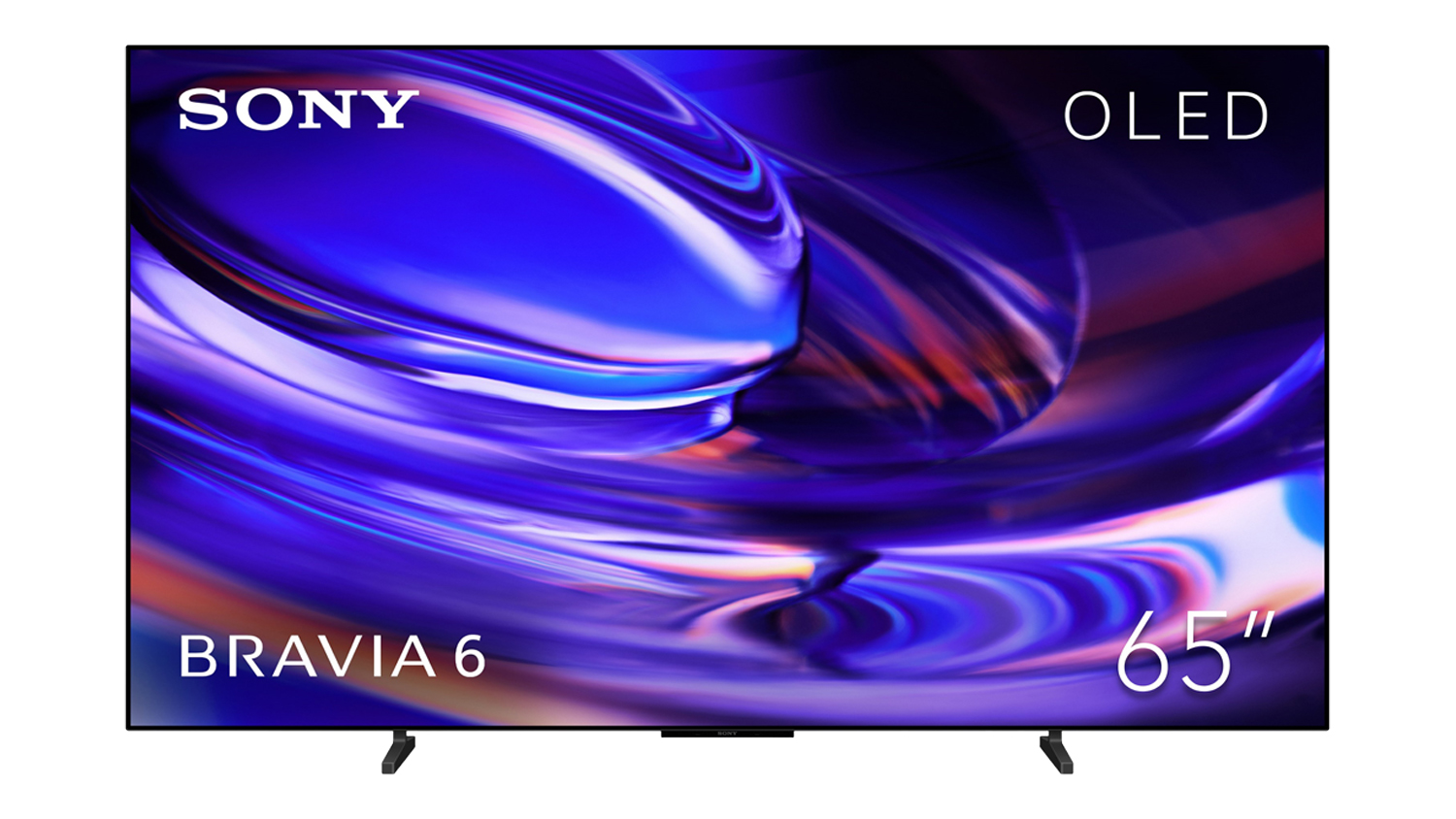 Front view of a Sony 65-inch BRAVIA 6 Smart 4K OLED TV (2026) with Google TV OS, featuring a slim black bezel and vibrant purple abstract display
