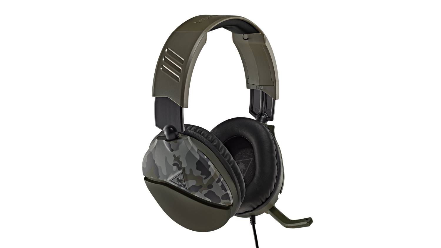 Turtle Beach Recon 70 gaming headset in green camouflage, featuring over-ear cushioned earcups