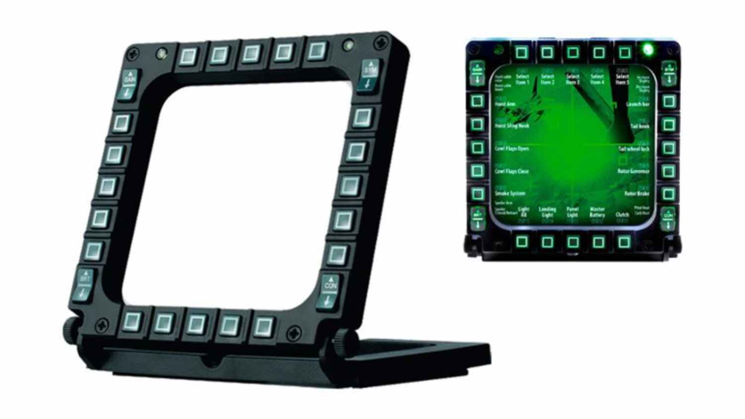 Front angled view of a black Thrustmaster Cougar Multi-Functional Display for flight simulation, featuring programmable buttons and a display overlay