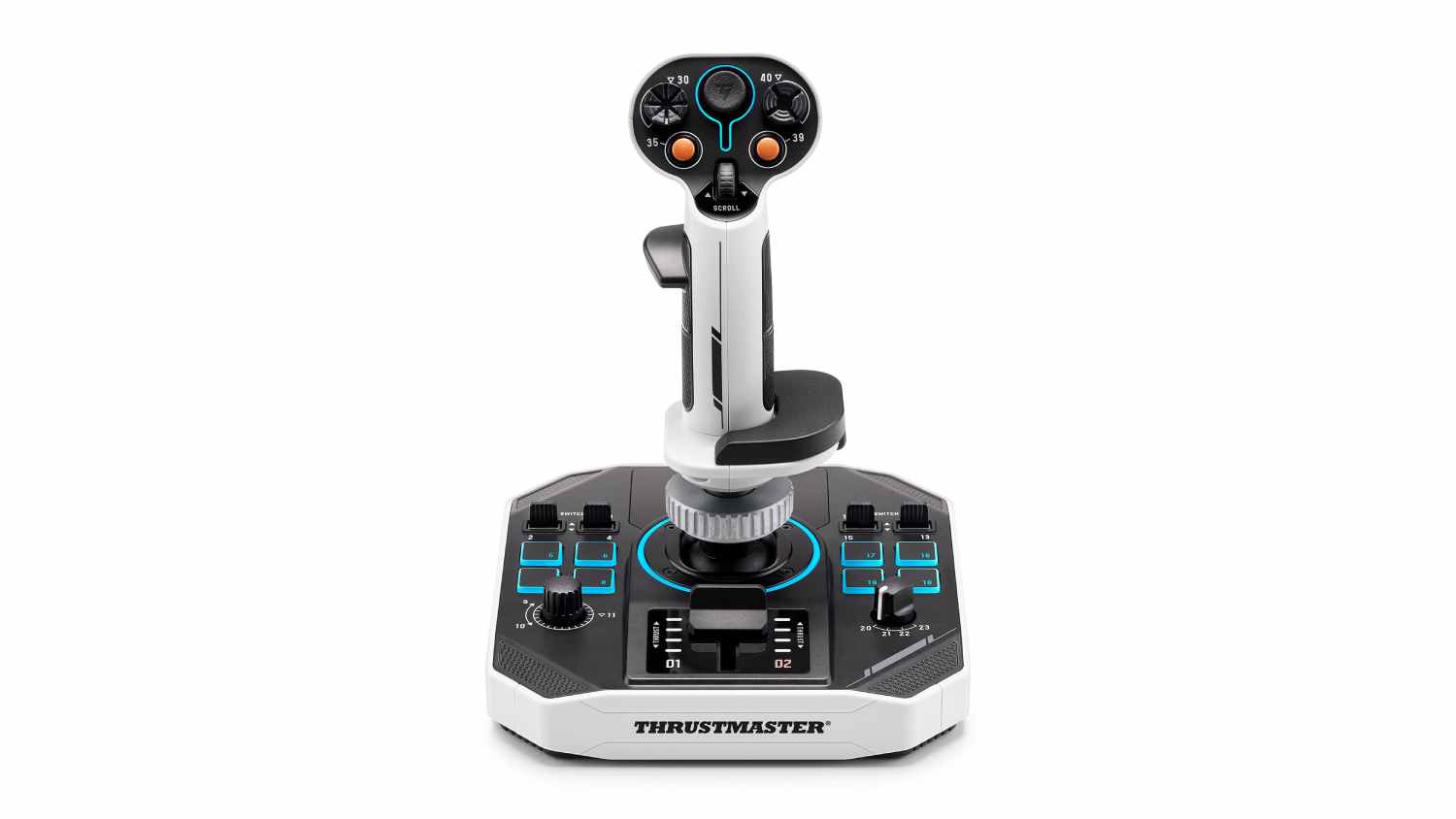 Front view of a Thrustmaster SOL-R 1 Flight Stick with a black and grey stick and a base featuring numbered buttons and dual throttle levers