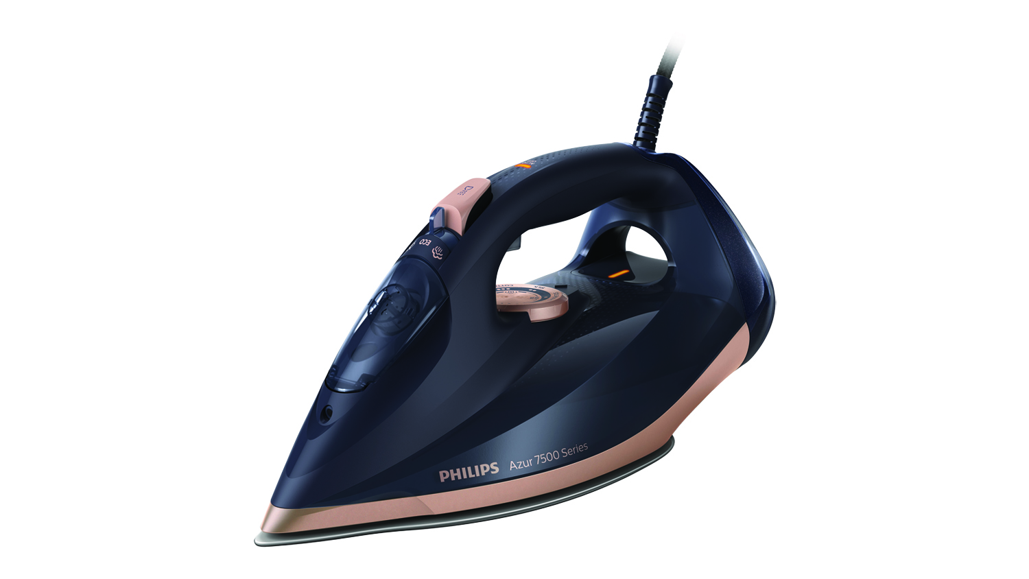 Angled view of a Philips 7500 Series steam iron in blue and gold with a pointed soleplate