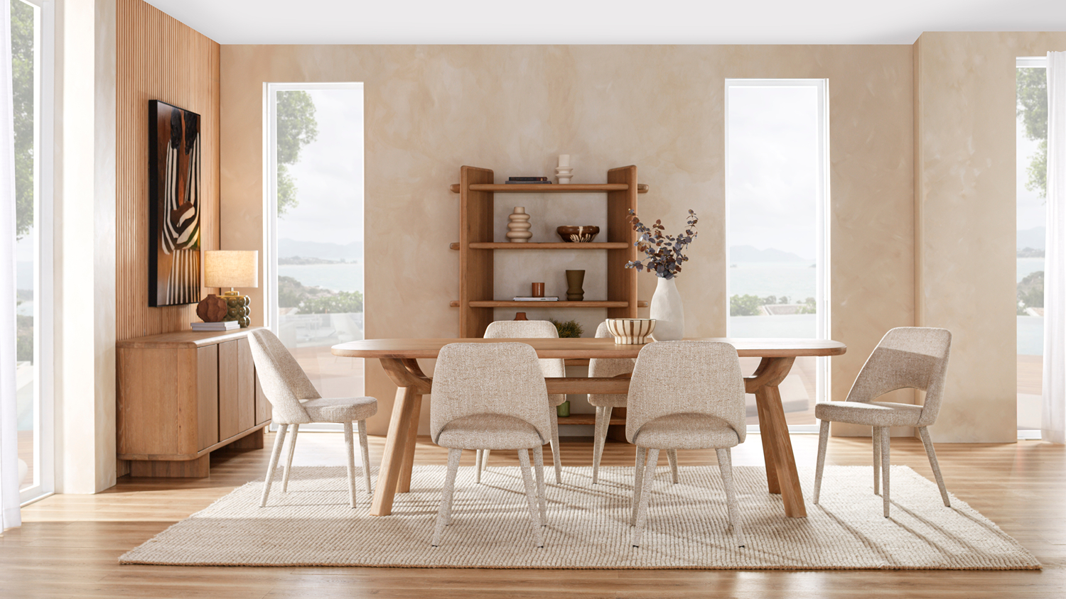 Oxford 2400mm dining set centered in a bright room with light wood furniture and cream upholstery