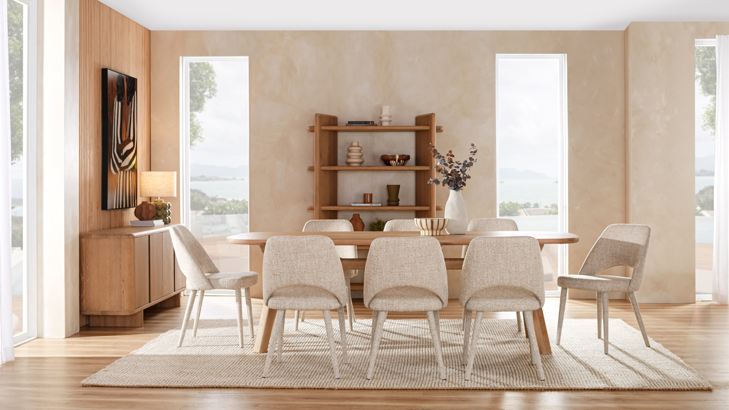 Oxford 2400mm dining set centered in a bright room with light wood furniture and cream upholstery