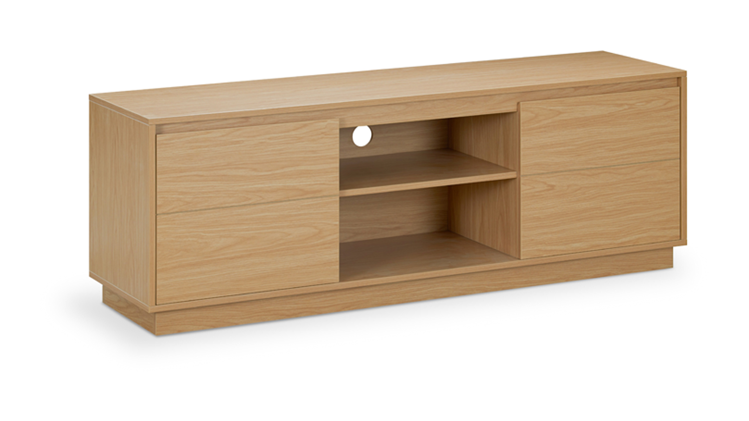 Angled view of the warm oak Alexis 1400mm 2 Door Entertainment Unit with an open shelf, cable management hole, and concealed storage