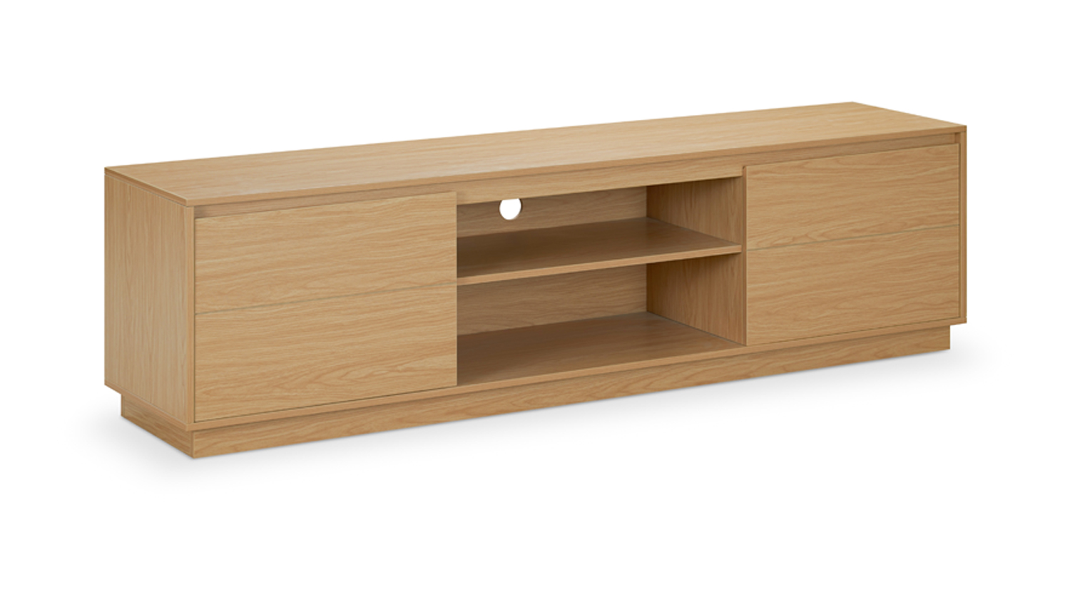 Angled view of the warm oak Alexis 1800mm 2 Door Entertainment Unit with an open shelf, cable management hole, and concealed storage