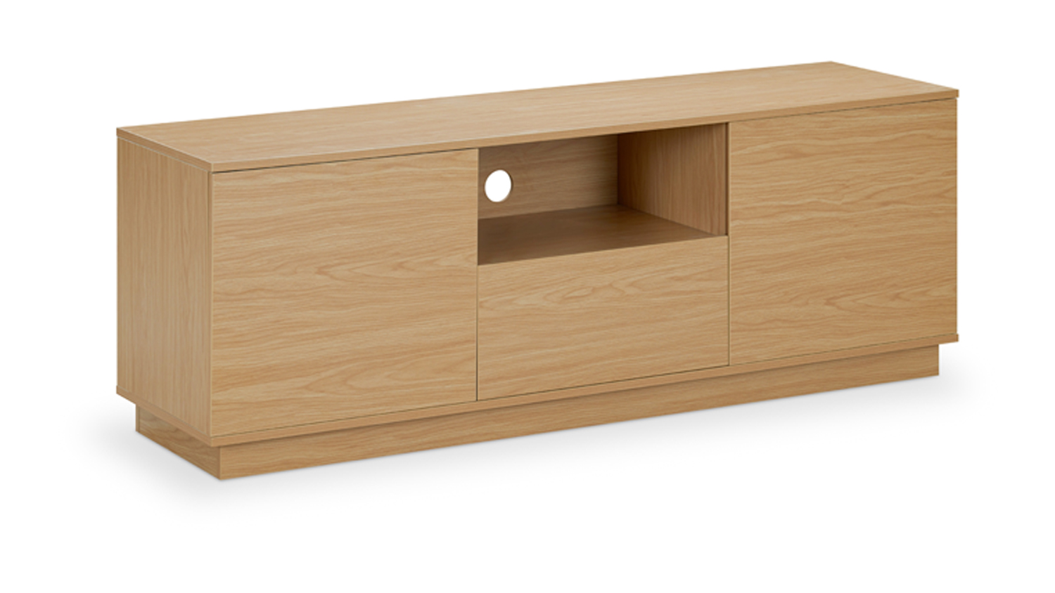 Angled view of the warm oak Alpha 1400mm 2-Door 1-Drawer Entertainment Unit with an open shelf, cable management hole, and concealed storage