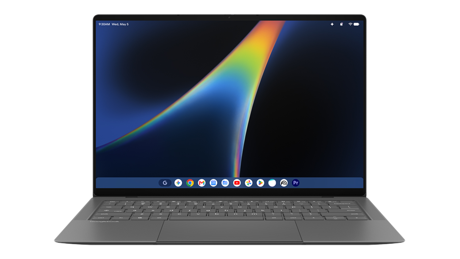 Front view of dusk ash HP OmniBook Ultra 16 laptop open with display, keyboard, trackpad
