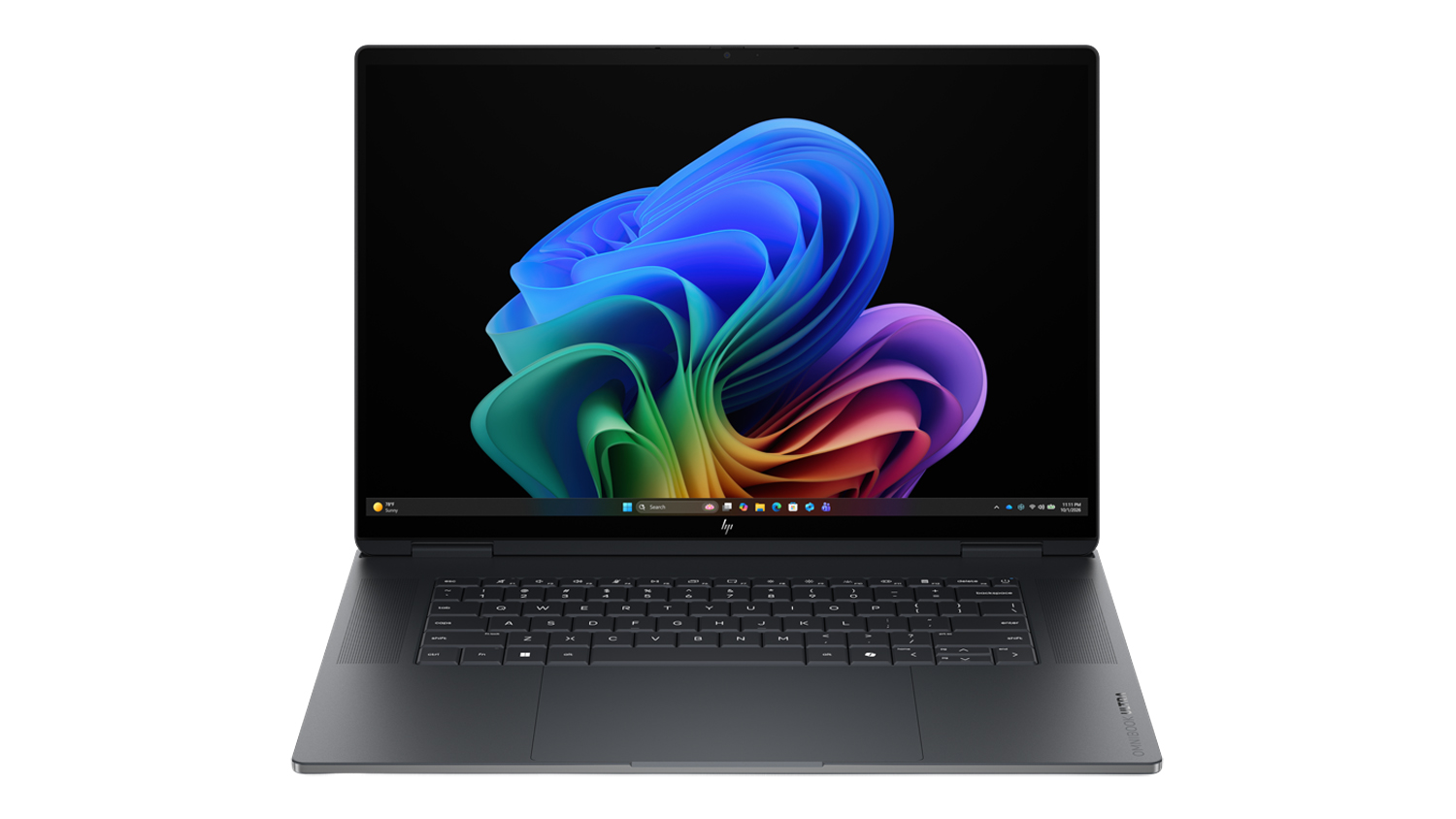 An open HP OmniBook Ultra laptop showing colourful screen wallpaper and sleek Eclipse Grey finish