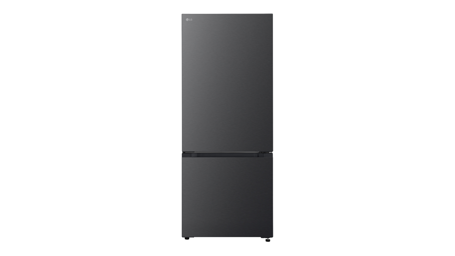 Front view of a matte black LG 436L Bottom Mount Smart Fridge Freezer with a brushed finish and two-door design
