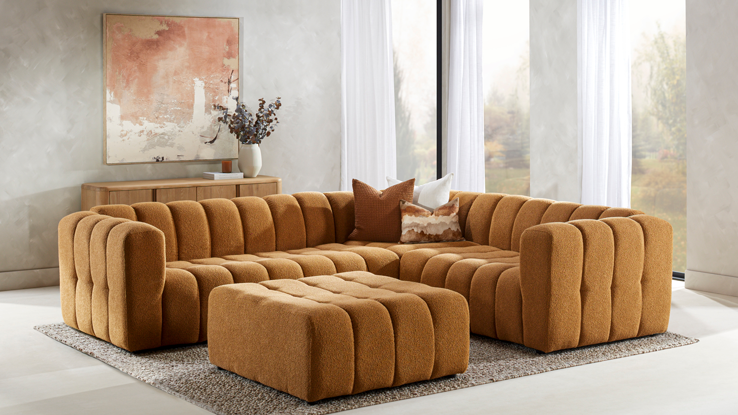 Louisiana 5-seater fabric modular corner lounge suite with matching ottoman in a warm ochre colour