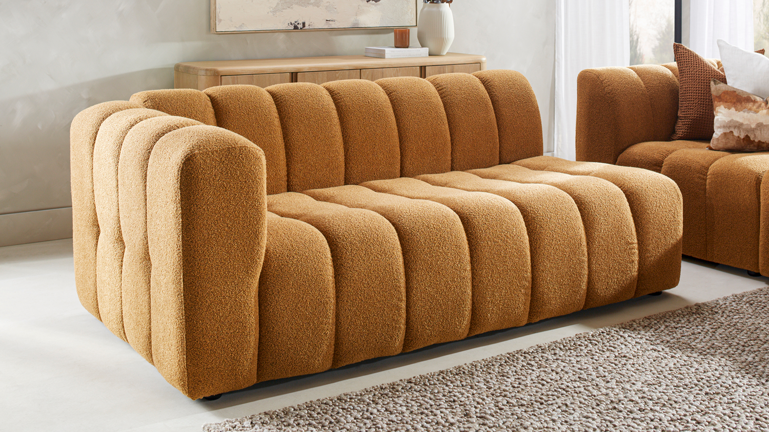 Louisiana Fabric Left Arm 3-Seater Modular Sofa in warm brown bouclé in a modern living room