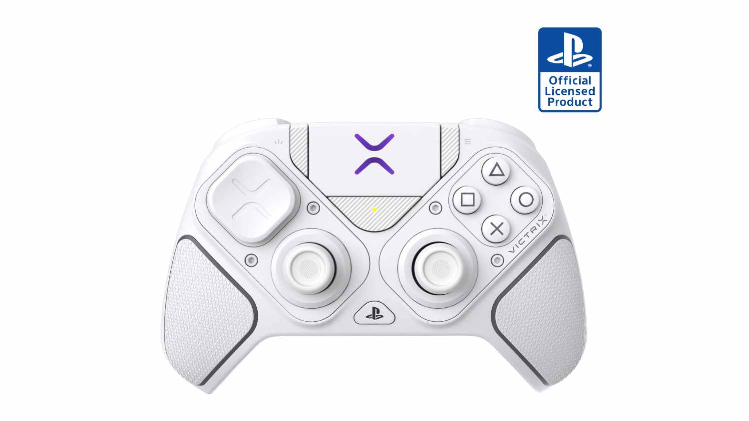 Front view of the white Turtle Beach Pro BFG Wireless Controller for PlayStation and PC, featuring textured grips, dual thumbsticks, and PlayStation buttons