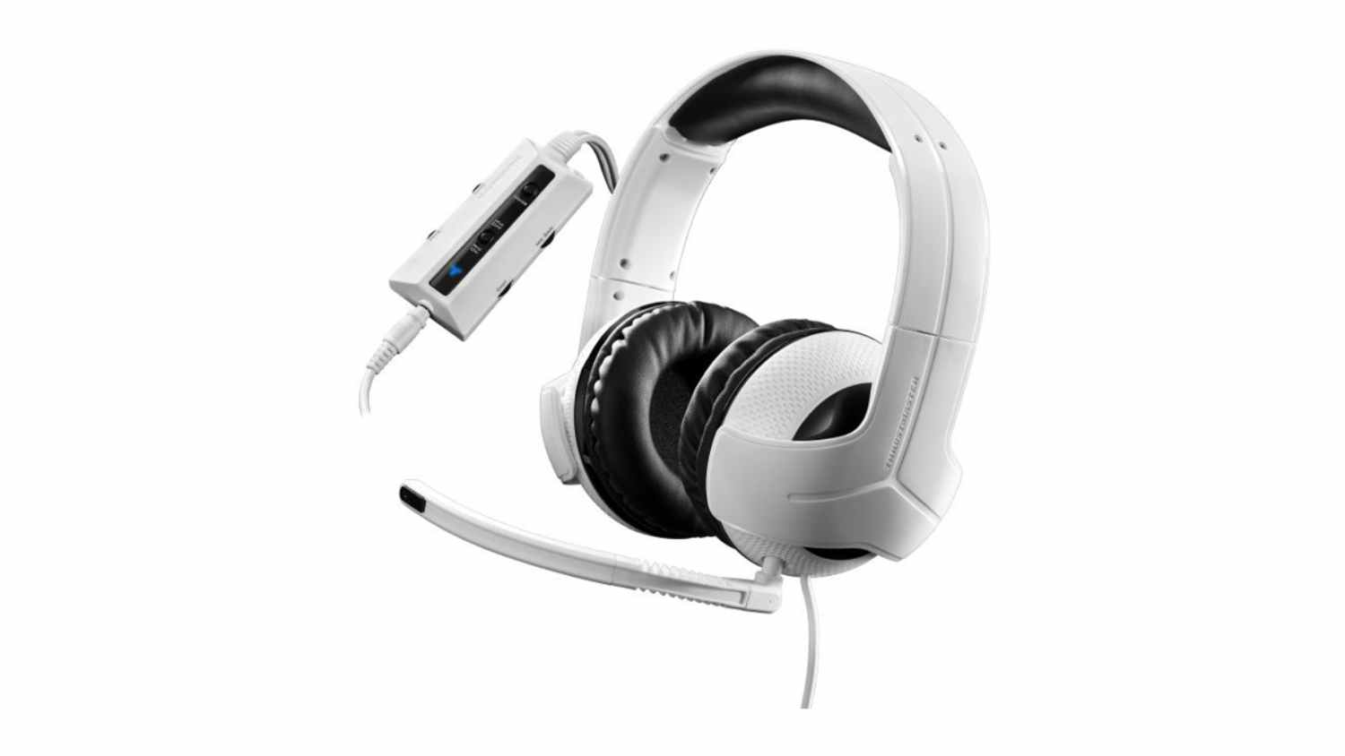 Angled view of a white Thrustmaster Y-300CPX gaming headset with black cushioned earcups, boom mic, and inline audio controls