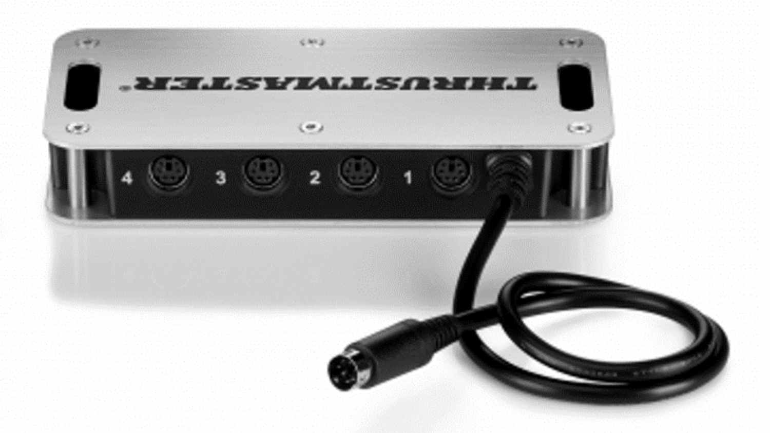 Front view of a silver V-shaped hub with four DIN connector ports and an attached black cable
