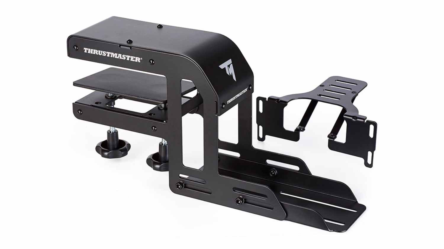 Angled view of black Thrustmaster Racing Simulator Table Clamp with an adjustable clamp system and metal mounting bracket