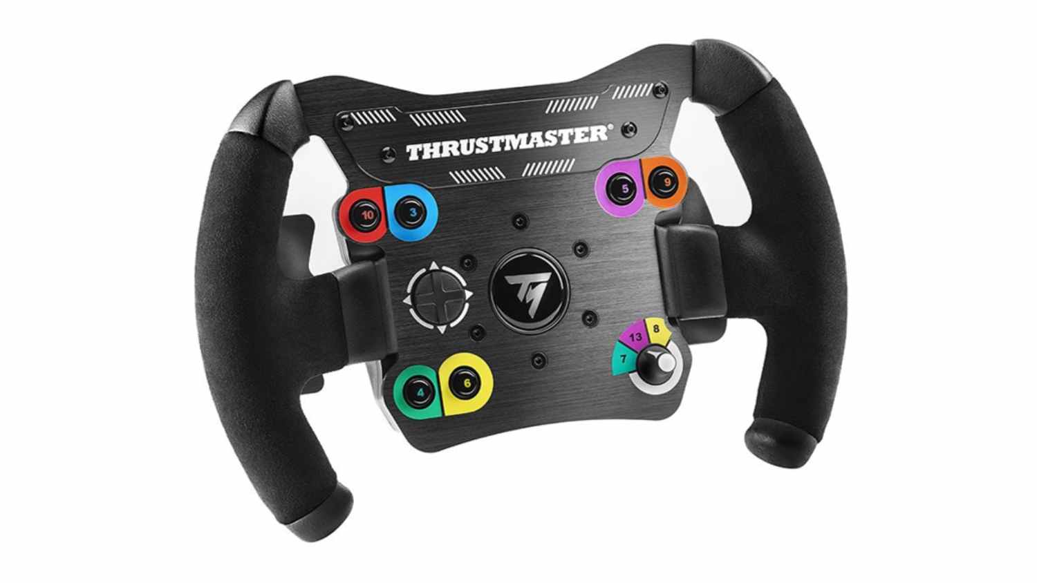 Front view of a black Thrustmaster open-style racing simulator wheel with foam grips and a multicolour button layout