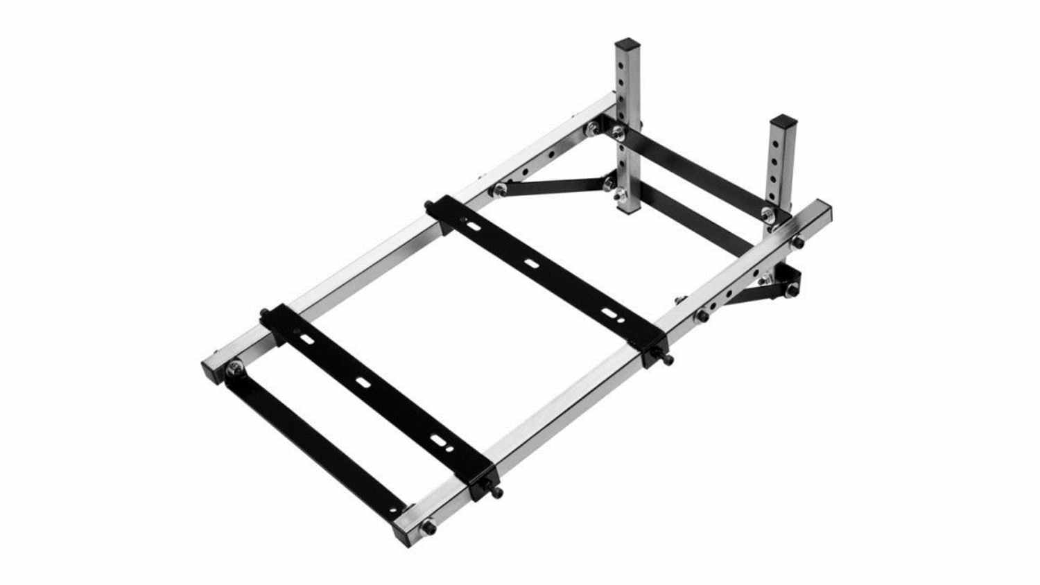 Angled view of silver and black Thrustmaster T-Pedals Stand with crossbars and support brackets