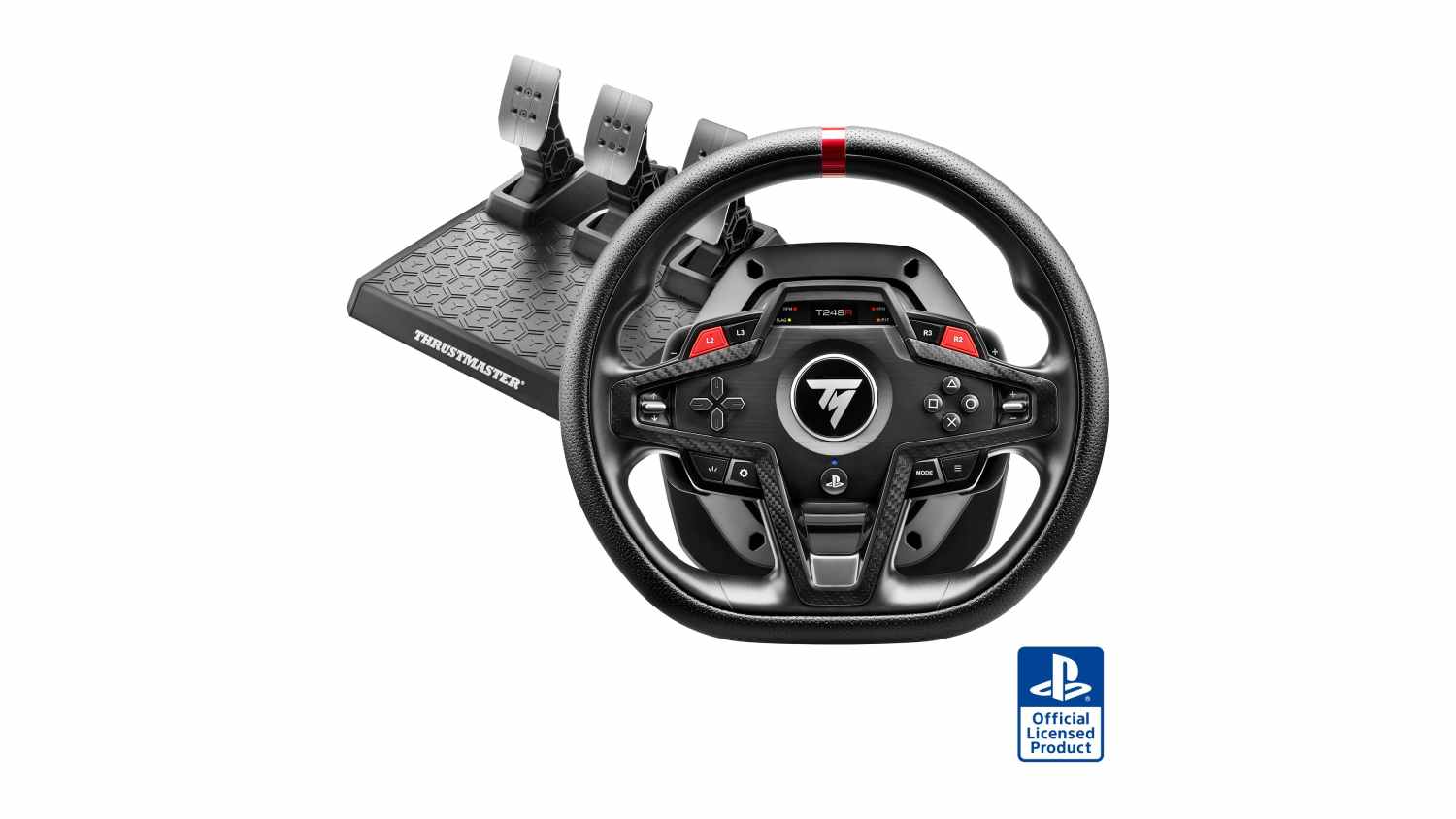 Front view of the Thrustmaster T248 Simulation Racing Kit for PlayStation and PC, featuring a black leather-textured wheel rim, red accents, and a three-pedal set
