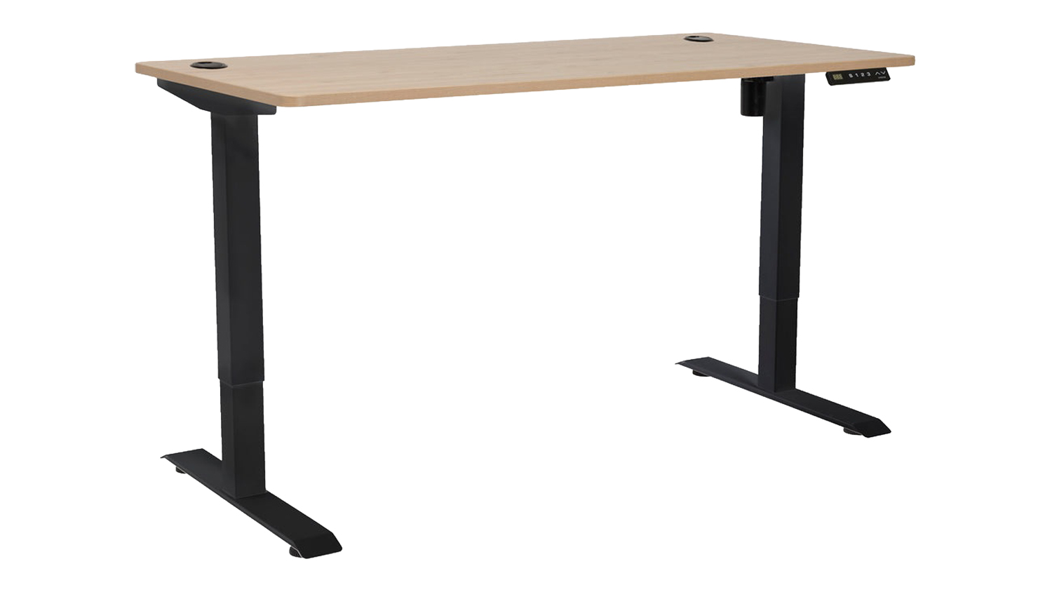 JASPER J Pulse height-adjustable desk with light wood top, black legs, cable grommets, and side digital control panel