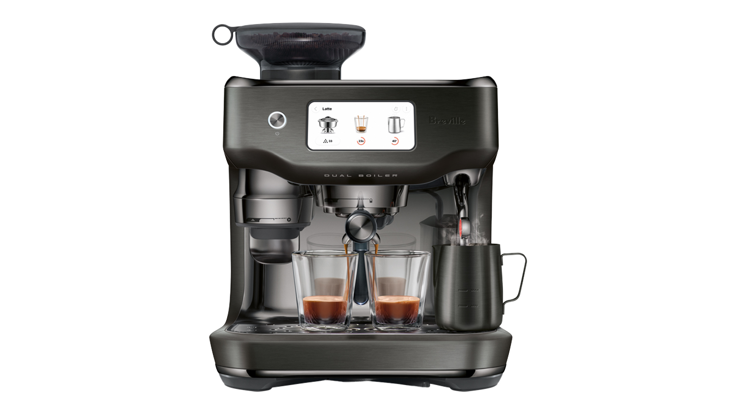 Breville the Oracle Dual Boiler machine in noir finish pouring espresso into 2 glass cups next to a milk pitcher