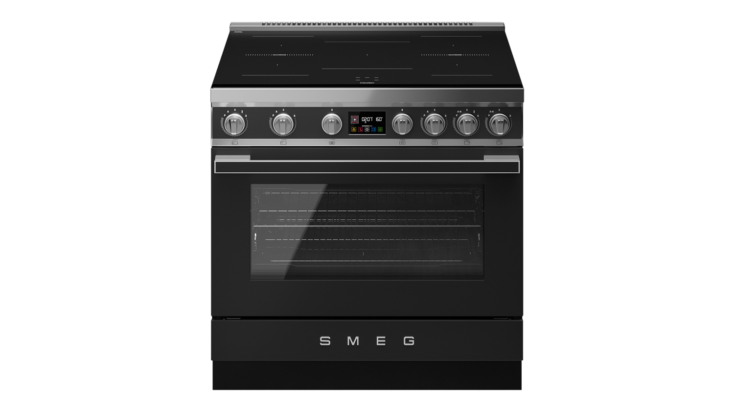 Front view of the Smeg Portofino 90cm freestanding oven with 5-zone induction cooktop in anthracite