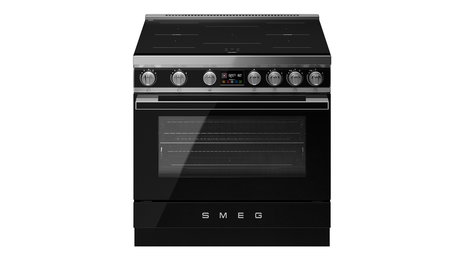 Front view of the Smeg Portofino 90cm freestanding oven with 5-zone induction cooktop in gloss black