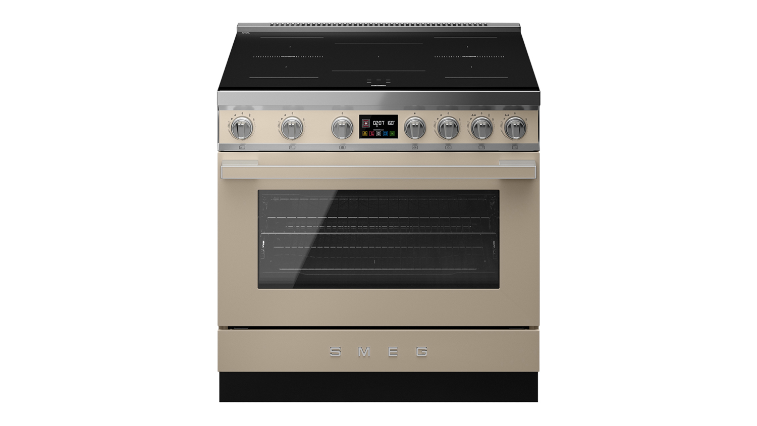 Front view of the Smeg Portofino 90cm freestanding oven with 5-zone induction cooktop in Moonlight