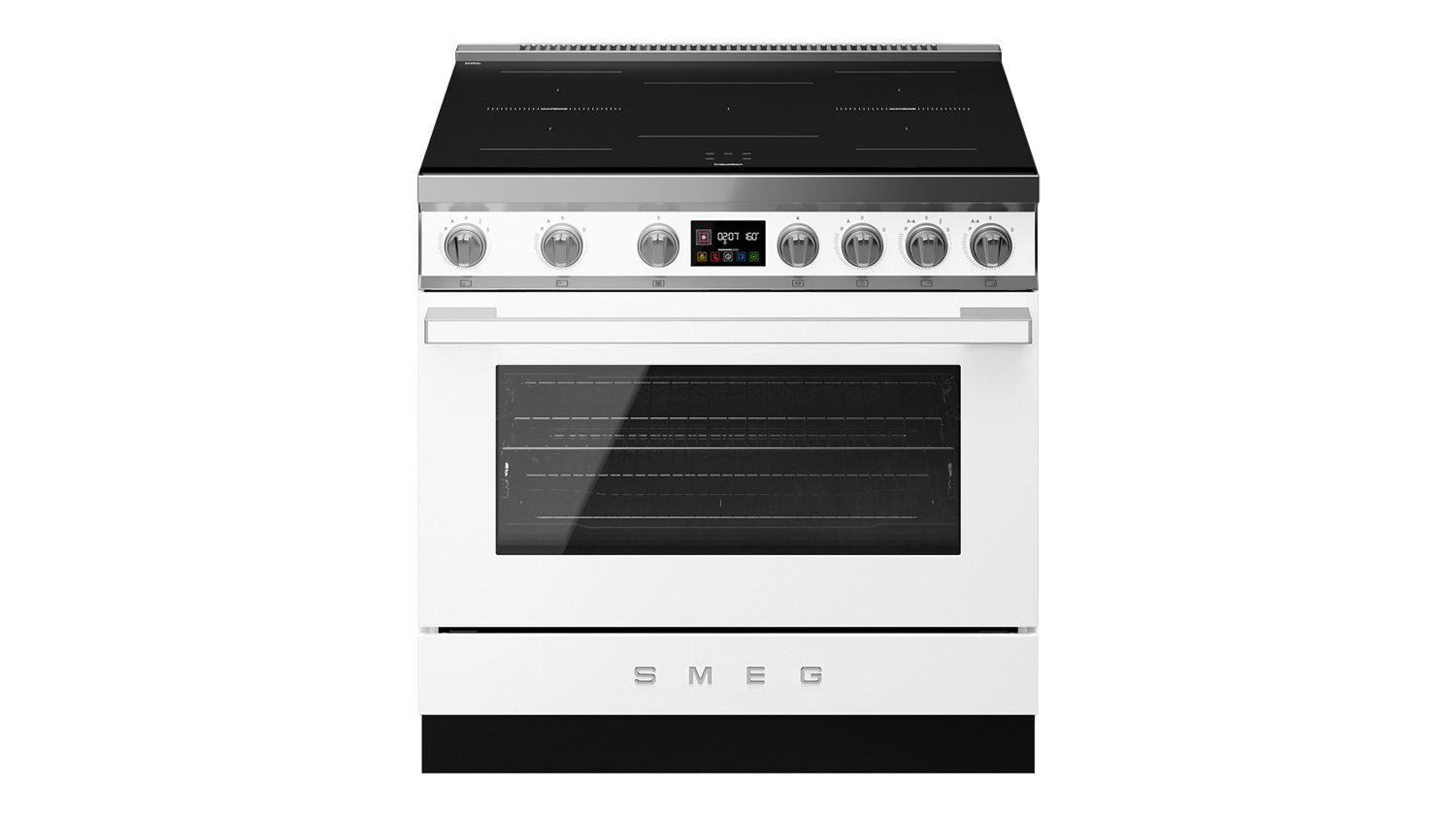 Front view of the Smeg Portofino 90cm freestanding oven with 5-zone induction cooktop in white