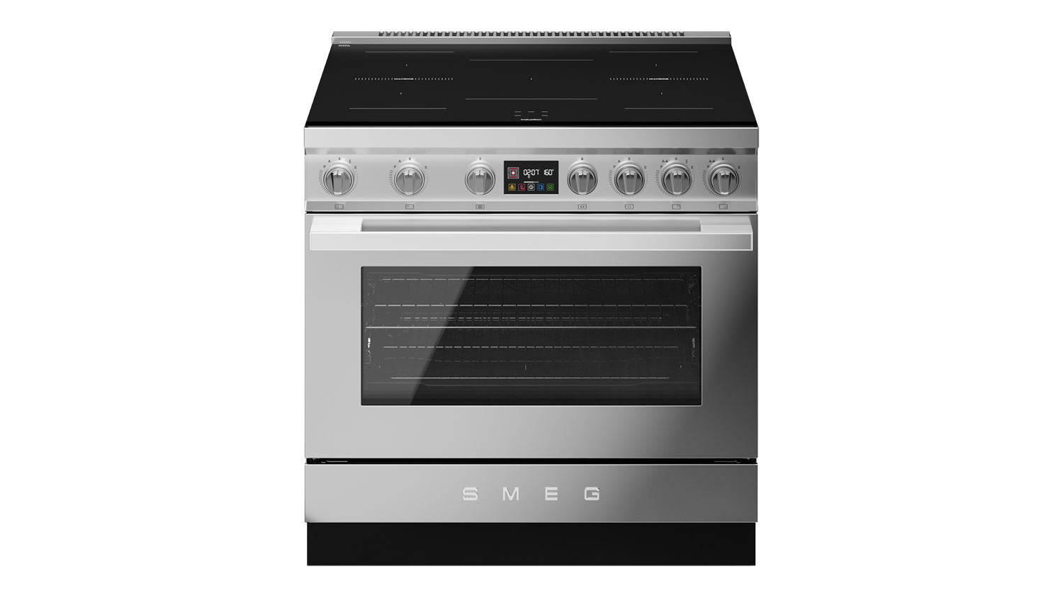 Front view of the Smeg Portofino 90cm freestanding oven with 5-zone induction cooktop in stainless steel finish