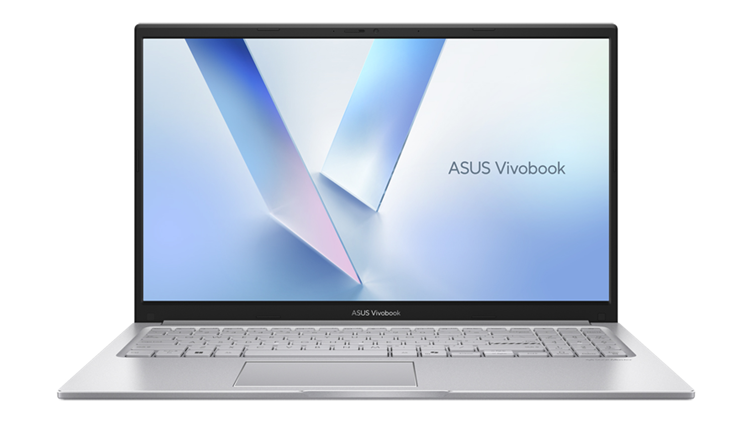 A silver ASUS Vivobook laptop, open screen with blue V-shaped wallpaper and full keyboard with touchpad