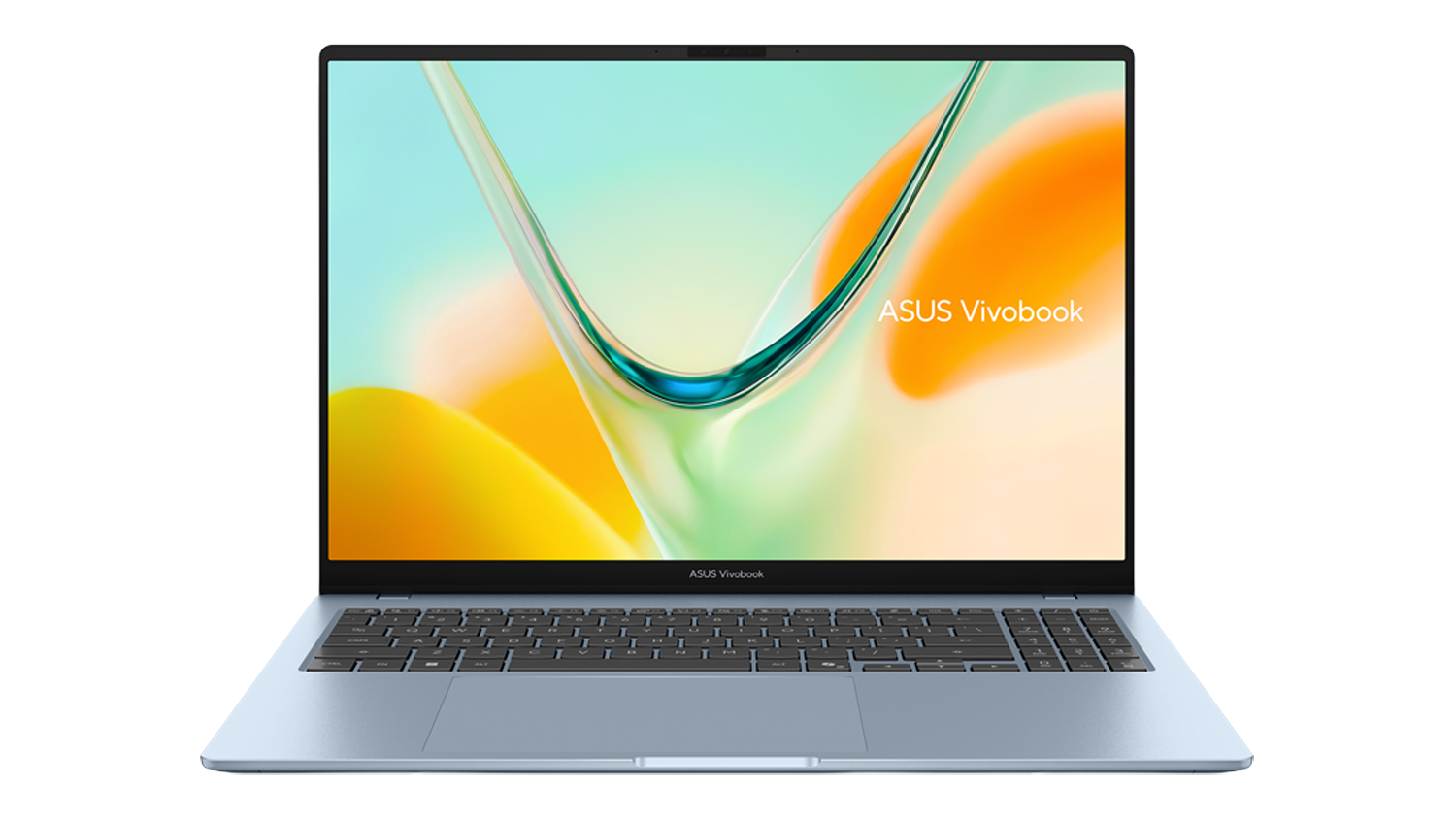 Asus Vivobook S16 16" Laptop in blue, with colourful abstract wallpaper on screen and dark backlit-style keyboard