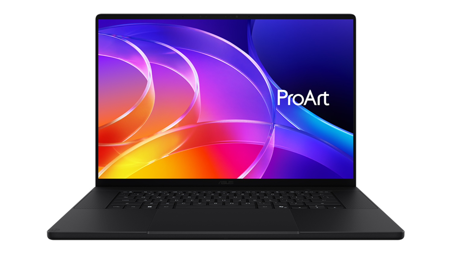 Open Asus ProArt 16-inch laptop facing forward showing its display, full keyboard deck, and wide touchpad
