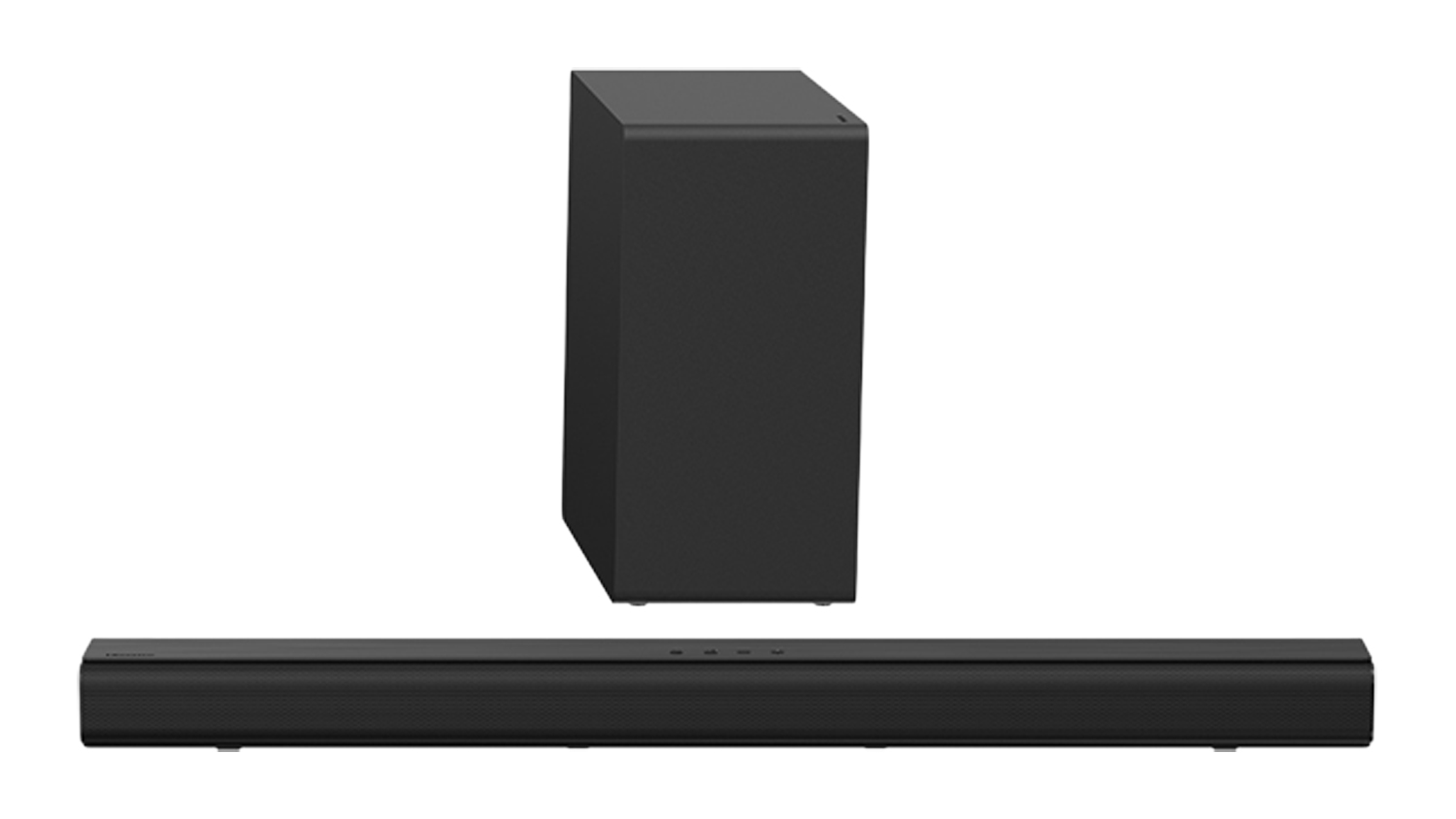 Front view of Hisense 2.1-channel soundbar and wireless subwoofer in black, showcasing the home audio system