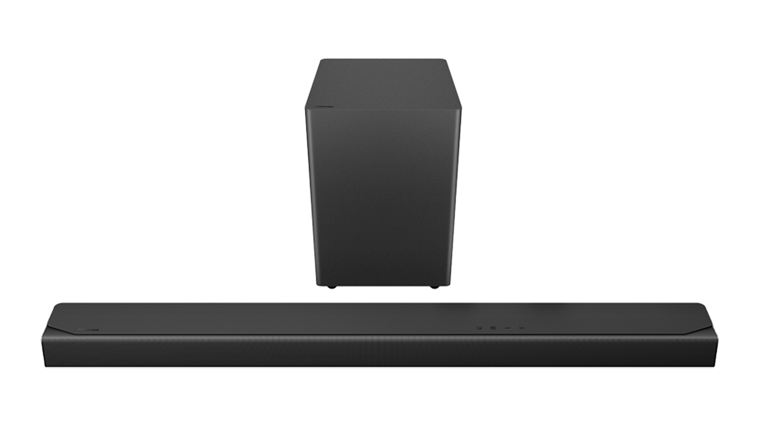 Front view of Hisense 3.1-channel soundbar and wireless subwoofer in black