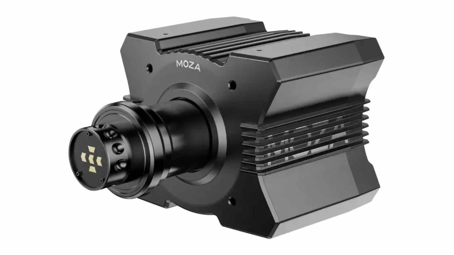 Angled view of a black MOZA Racing R9 V3 Direct Drive Wheel Base with finned metal housing and quick-release hub attachment