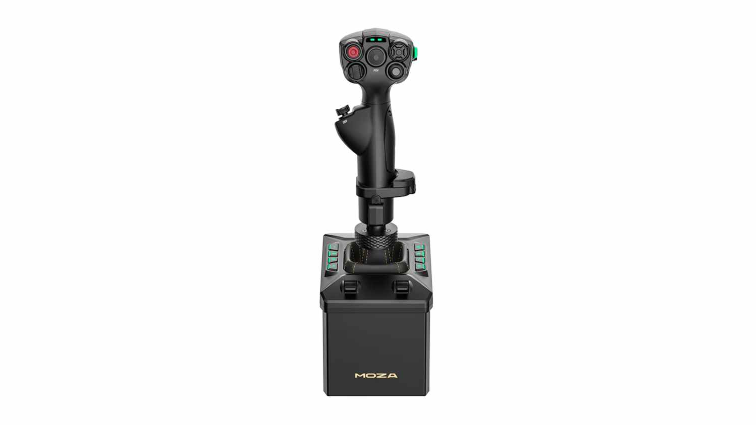 Front view of a black MOZA Racing AB6 MHG Flightstick with illuminated controls and an integrated throttle base