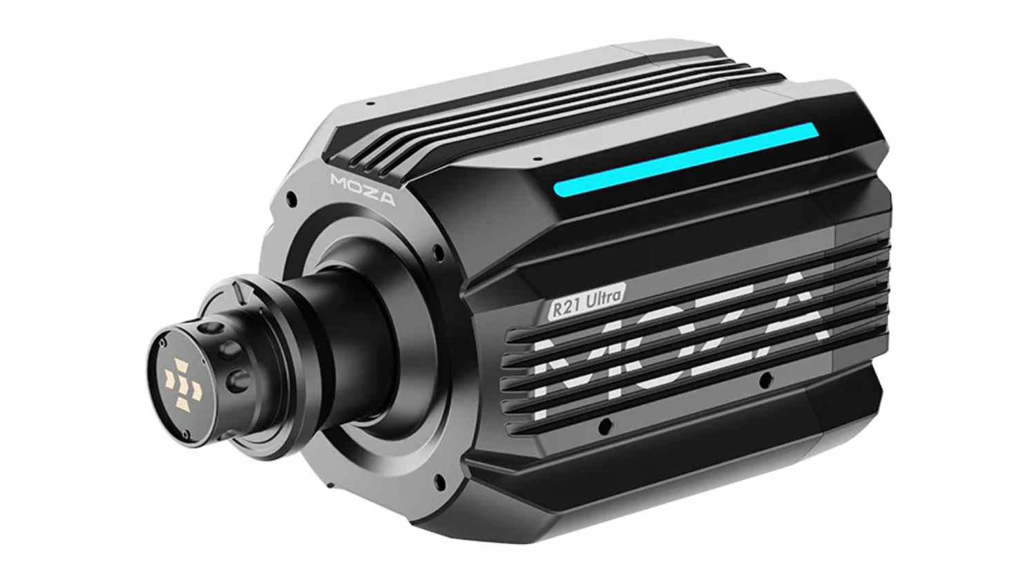 Angled view of the black MOZA Racing R21 Ultra Direct Drive Wheel Base with a finned housing and blue accent light